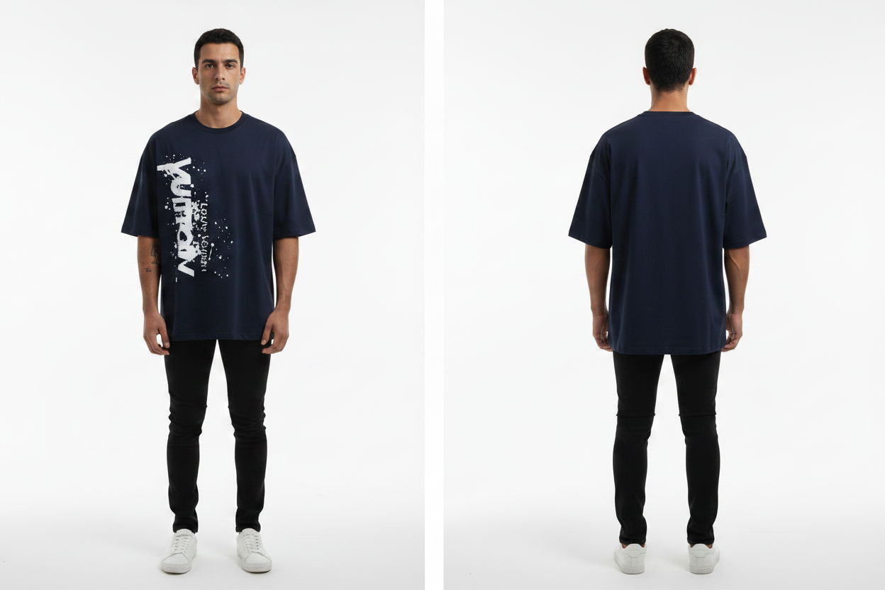 Navy Blue Graphic Print Oversized T-Shirt – Front & Back