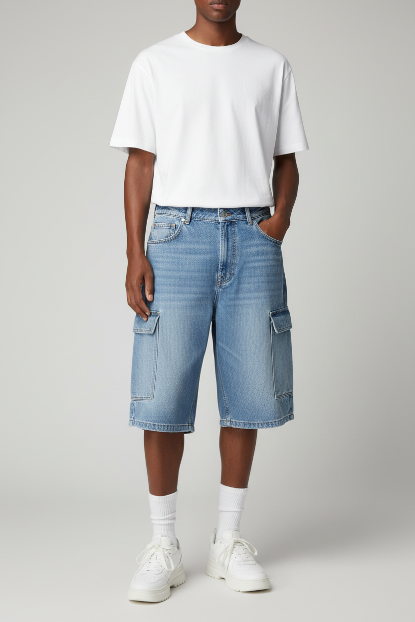 Sky Blue 6 Pocket Baggy Denim Shorts
