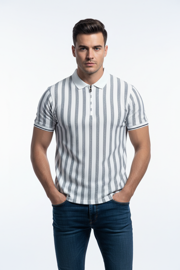 White & Grey Striped Polo