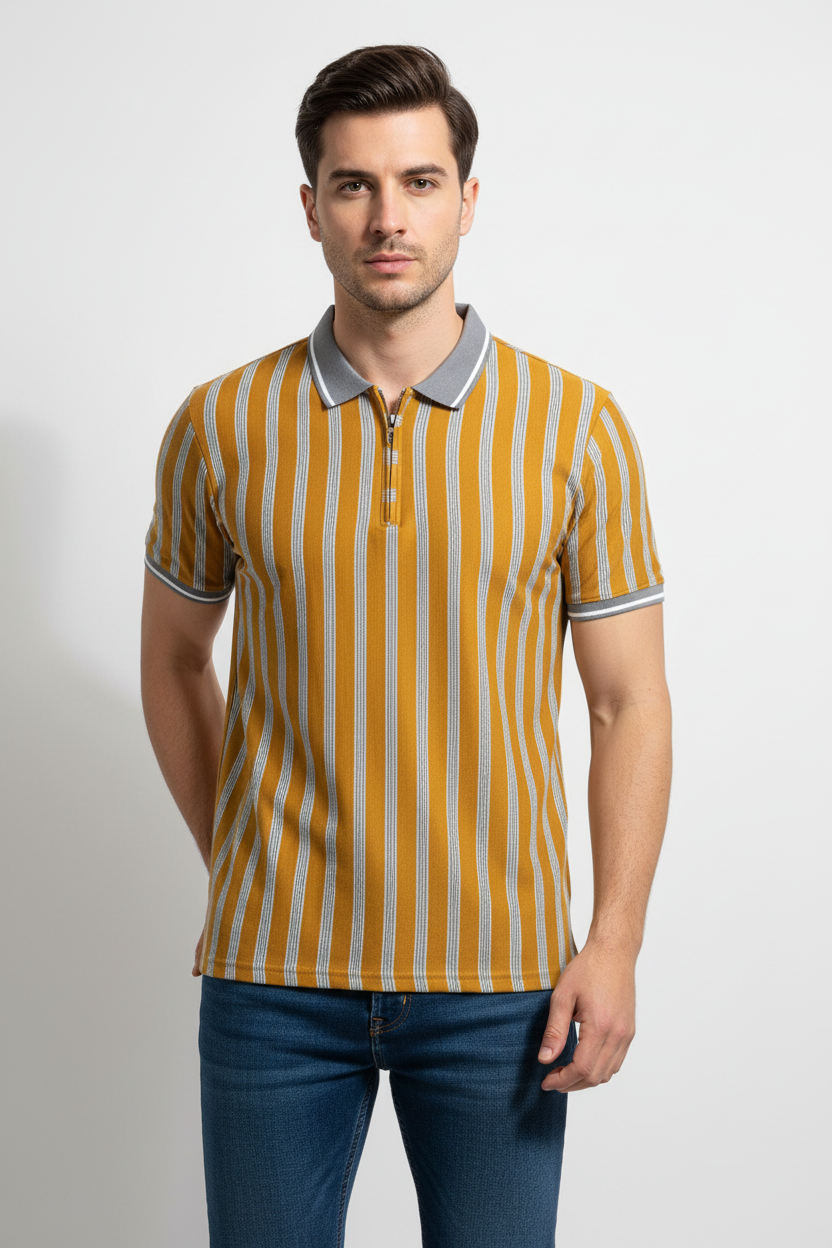 Yellow & Grey Striped Polo